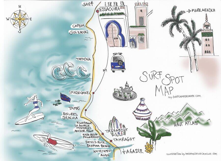Surf Spot Map Marokko - Agadir | Anza | Tamraght | Taghazout | Imsouane | Essaouira