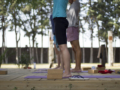 práctica de yoga en el Shala exterior bajo los arboles