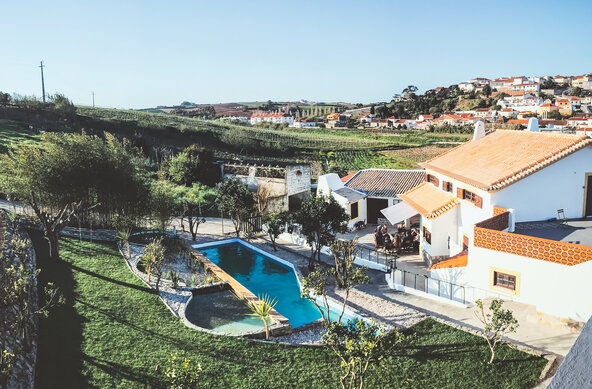 Overview of the garden, with natural swimming pool and the house